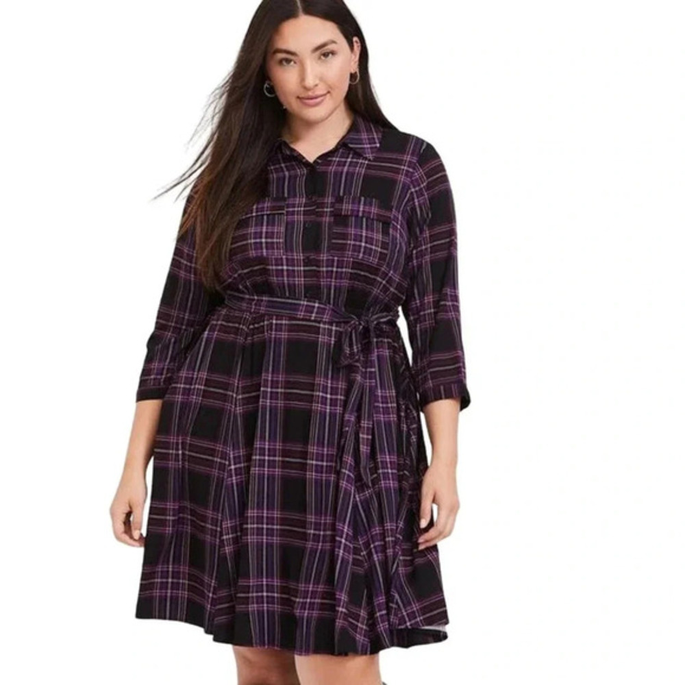 Torrid Size 00 Plaid Button-Front Shirt Dress with POCKETS
